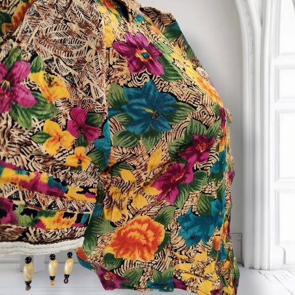 Vintage 90s Carole Little Beaded Floral Rayon Top Mexico Boho Festival Blouse - Picture 9 of 16